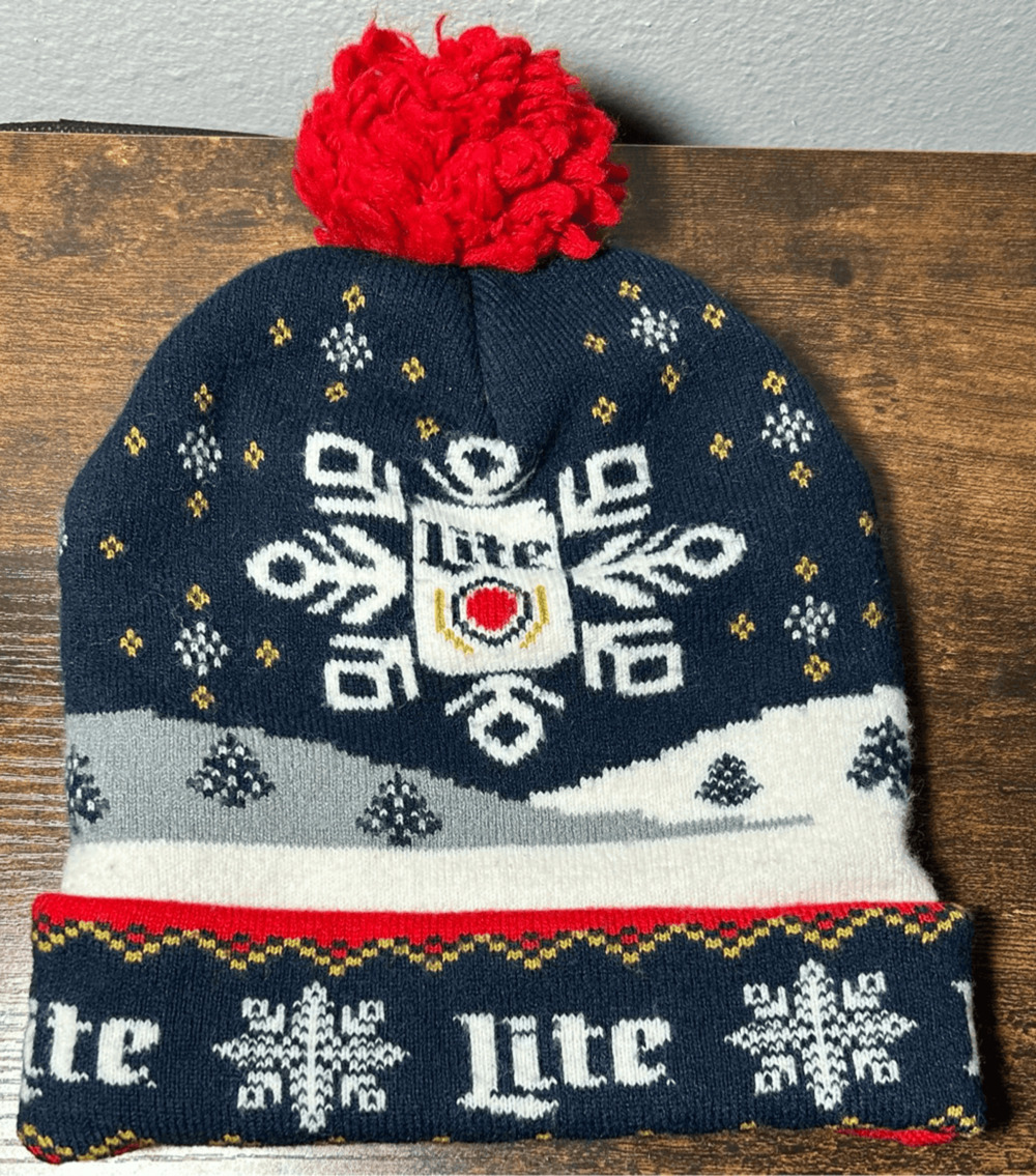 Miller Lite Adult Blue Christmas Holiday Beanie Winter Hat w/ Red POM